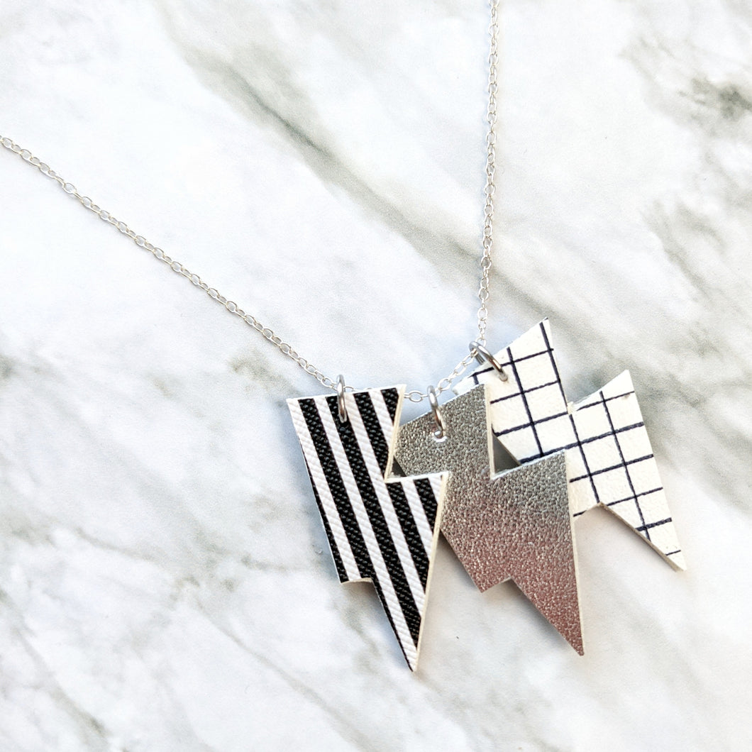 Disco Bolt Triple Bolt Pendant Necklace - Stripe, Silver and Grid