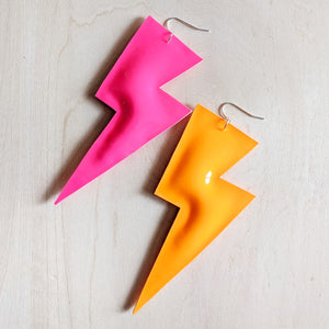 Super Disco Bolt Lightning Bolt Earrings - Neon Pink and Orange