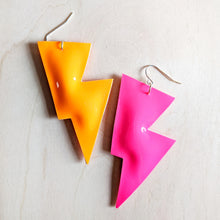 Load image into Gallery viewer, Disco Bolt Lightning Bolt Earrings - Neon Pink and Orange Patent
