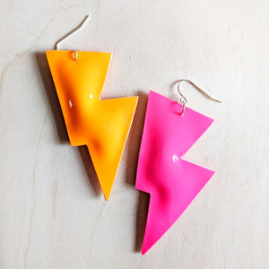 Disco Bolt Lightning Bolt Earrings - Neon Pink and Orange Patent