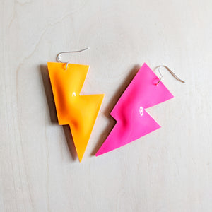 Disco Bolt Lightning Bolt Earrings - Neon Pink and Orange Patent