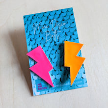 Load image into Gallery viewer, Mini Disco Bolt Lightning Bolt Earrings - Neon Pink and Orange
