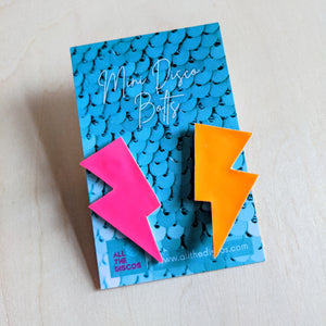 Mini Disco Bolt Lightning Bolt Earrings - Neon Pink and Orange