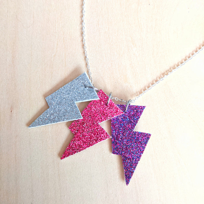 Disco Bolt Triple Bolt Pendant Necklace - Silver, Pink and Purple Glitter