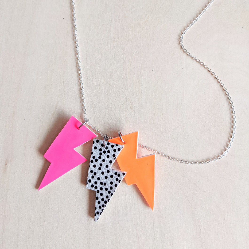 Disco Bolt Triple Bolt Pendant Necklace - Pink, Spotty and Orange