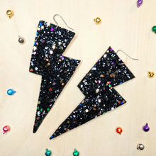 Load image into Gallery viewer, Dark Confetti Glitter - Super Disco Bolt Lightning Bolt Earrings
