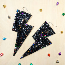 Load image into Gallery viewer, Dark Confetti Glitter - Super Disco Bolt Lightning Bolt Earrings
