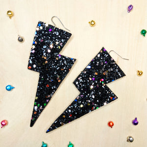 Dark Confetti Glitter - Super Disco Bolt Lightning Bolt Earrings