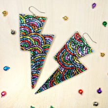 Load image into Gallery viewer, Rainbow Pattern Glitter - Super Disco Bolt Lightning Bolt Earrings
