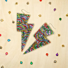 Load image into Gallery viewer, Rainbow Pattern Glitter - Super Disco Bolt Lightning Bolt Earrings
