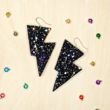 Load image into Gallery viewer, Dark Confetti Glitter - Disco Bolt Lightning Bolt Earrings
