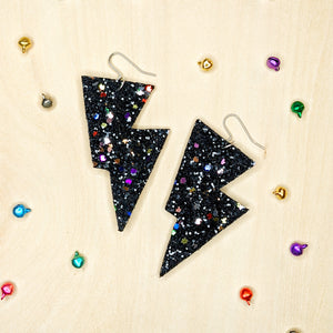 Dark Confetti Glitter - Disco Bolt Lightning Bolt Earrings