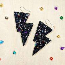 Load image into Gallery viewer, Dark Confetti Glitter - Disco Bolt Lightning Bolt Earrings
