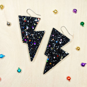 Dark Confetti Glitter - Disco Bolt Lightning Bolt Earrings
