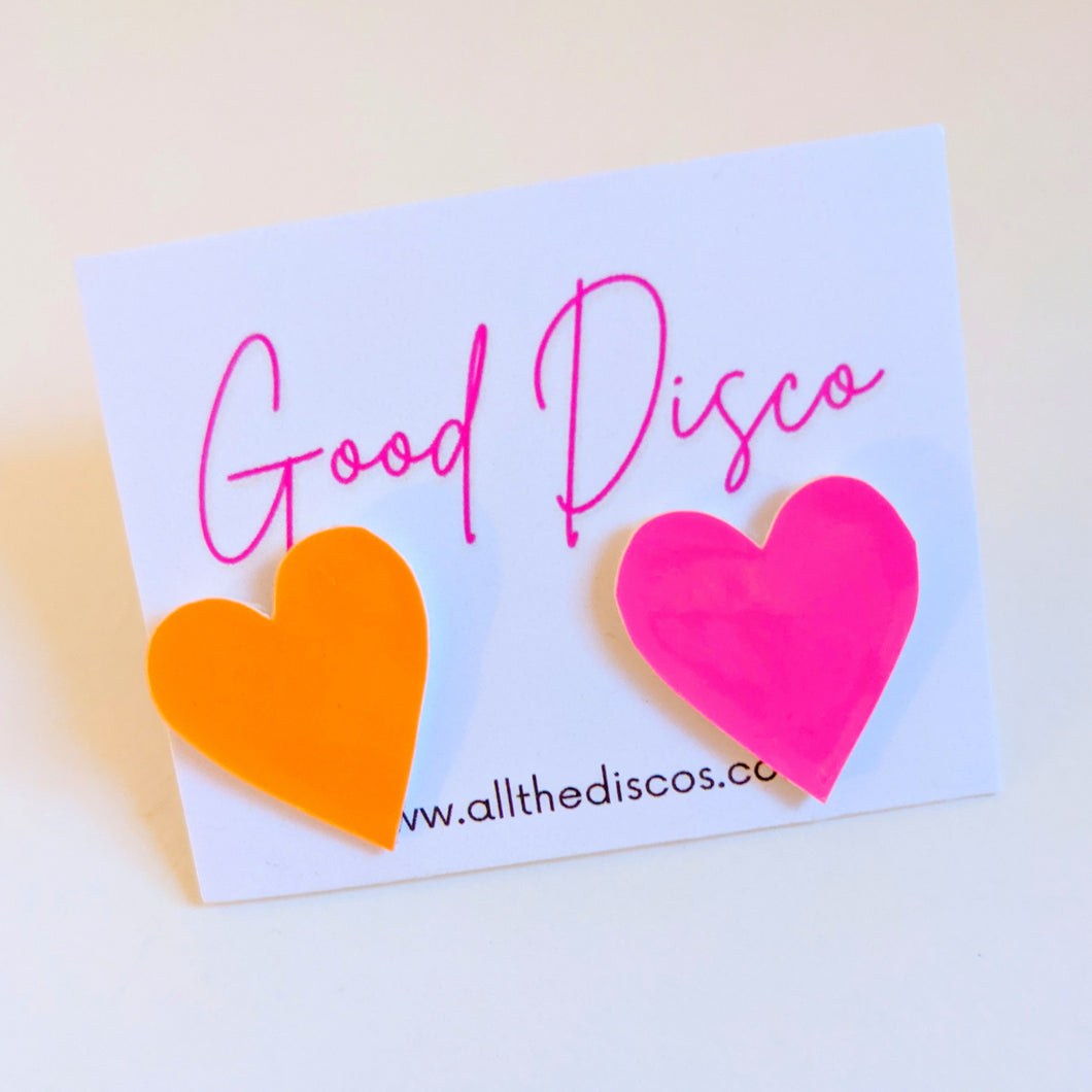 Good Disco Collection - Heart Stud Earrings - Pink and Orange
