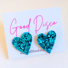 Load image into Gallery viewer, Good Disco Heart Earrings (choose your backs) - Turquoise Glitter

