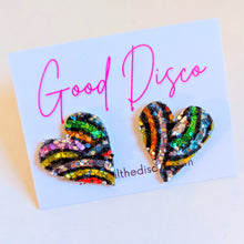 Load image into Gallery viewer, Good Disco Small Heart Earrings (choose your backs) - Rainbow Pattern Glitter
