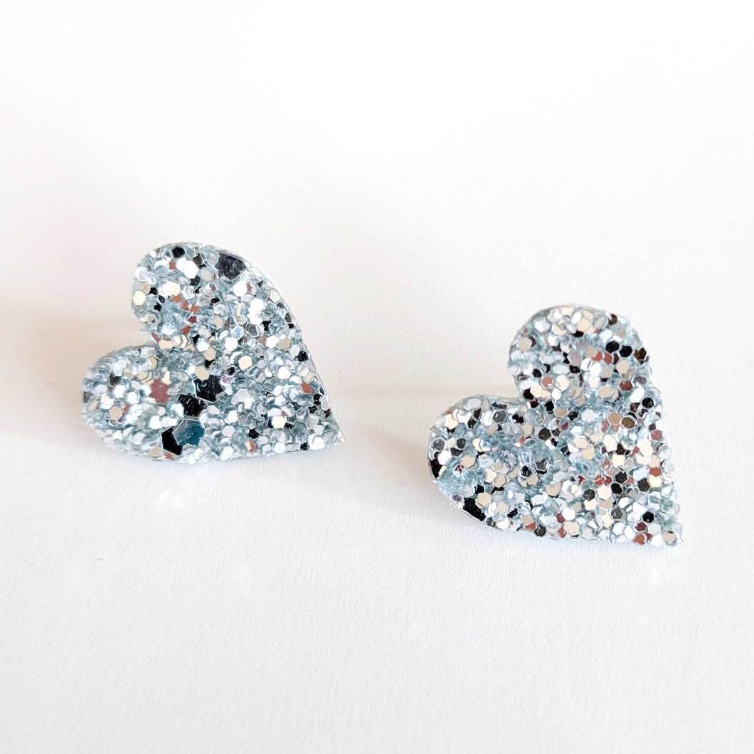 Good Disco Collection - Heart Stud Earrings - Disco Ball Silver Glitter