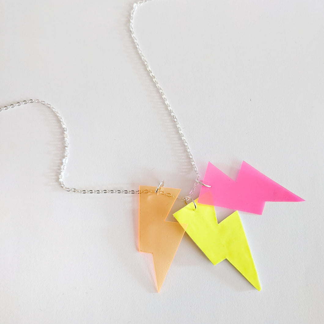 Disco Bolt Triple Bolt Pendant Necklace - Yellow Patent, Orange and Pink