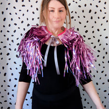 Load image into Gallery viewer, Holographic Pink Tinsel Party/Festival Cape
