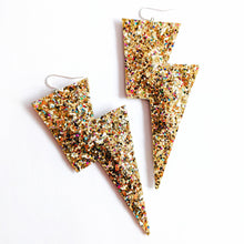 Load image into Gallery viewer, Crushed Pearl Gold Glitter Super Disco Bolt Oversized Lightning Bolt Earrings
