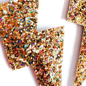 Crushed Pearl Gold Glitter Super Disco Bolt Oversized Lightning Bolt Earrings