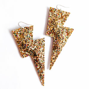 Crushed Pearl Gold Glitter Super Disco Bolt Oversized Lightning Bolt Earrings