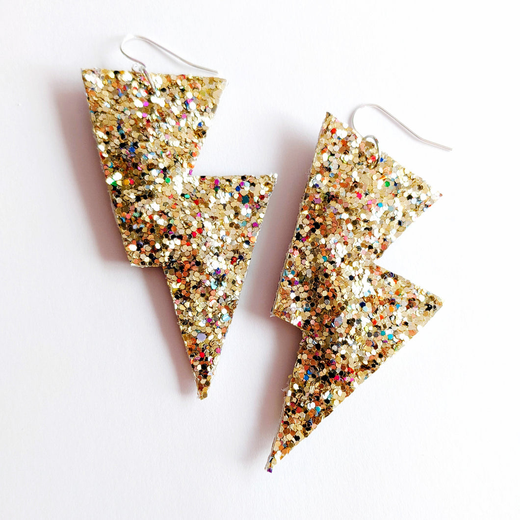 Crushed Pearl Gold Glitter Disco Bolt Lightning Bolt Earrings