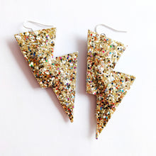 Load image into Gallery viewer, Crushed Pearl Gold Glitter Disco Bolt Lightning Bolt Earrings
