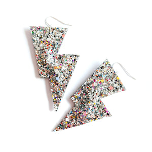 Crushed Pearl Silver Glitter Disco Bolt Lightning Bolt Earrings