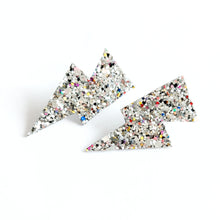 Load image into Gallery viewer, Crushed Pearl Silver Glitter Mini Disco Bolt Lightning Bolt Earrings
