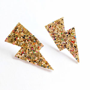 Crushed Pearl Gold Glitter Mini Disco Bolt Lightning Bolt Earrings