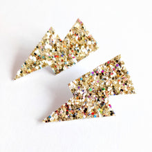 Load image into Gallery viewer, Crushed Pearl Gold Glitter Mini Disco Bolt Lightning Bolt Earrings
