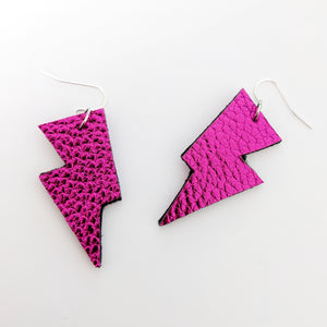 Pink Metallic Leatherette - Mini Disco Bolt Lightning Bolt Earrings