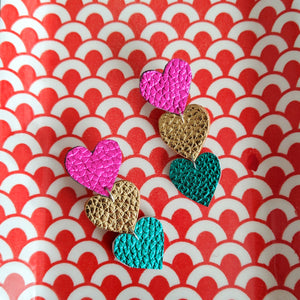 Heart On The Line - Chain of Heart Earrings - Pink, Gold and Teal