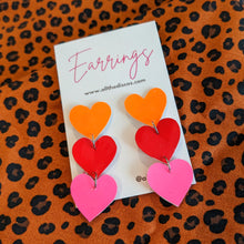 Load image into Gallery viewer, Heart On The Line - Chain Of Heart Earrings - Orange Red and Pink
