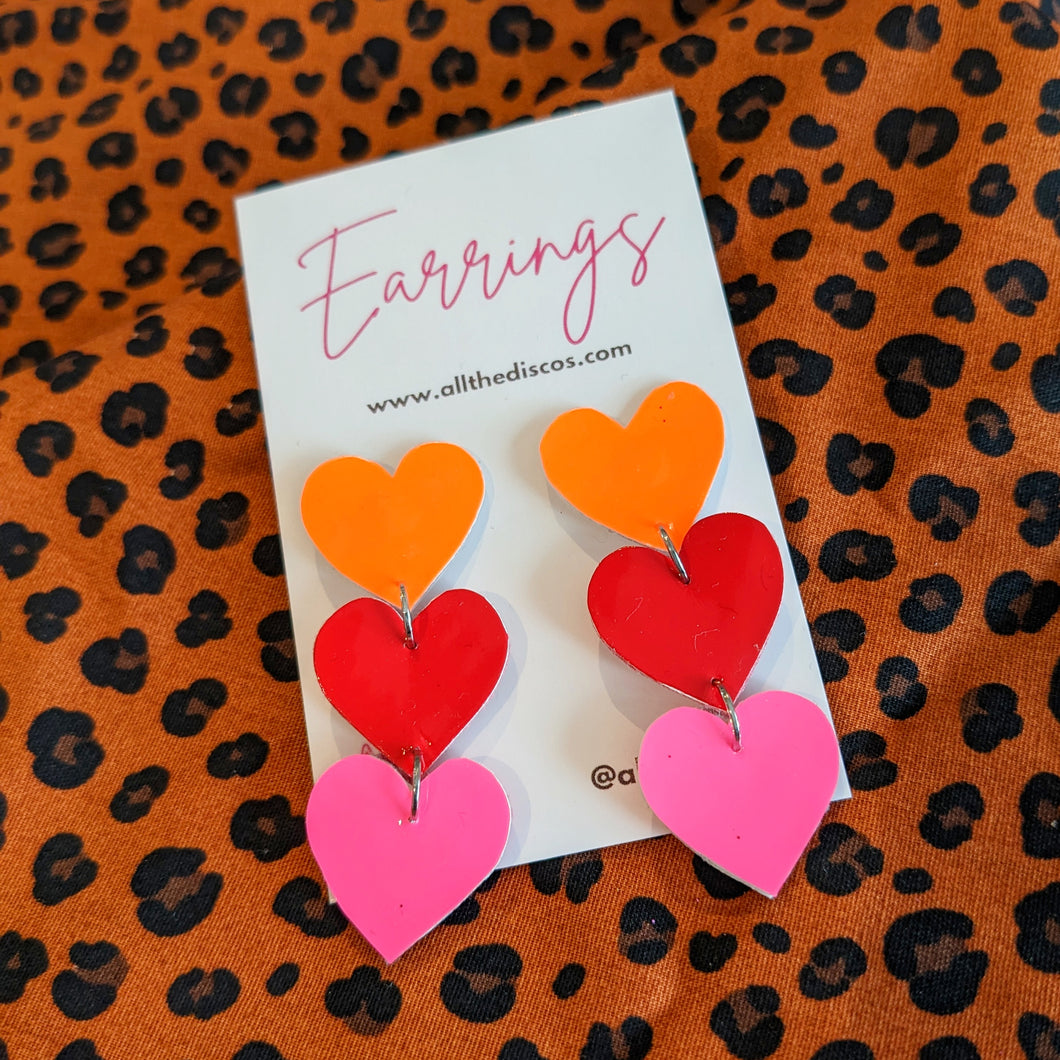Heart On The Line - Chain Of Heart Earrings - Orange Red and Pink