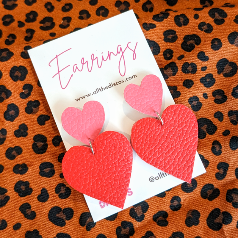 Double Heart Pink and Red Long Stud Earrings