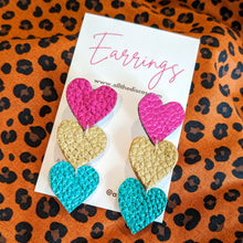 Load image into Gallery viewer, Heart On The Line - Chain of Heart Earrings - Pink, Gold and Teal
