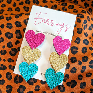 Heart On The Line - Chain of Heart Earrings - Pink, Gold and Teal