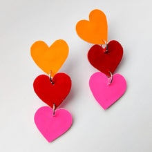 Load image into Gallery viewer, Heart On The Line - Chain Of Heart Earrings - Orange Red and Pink
