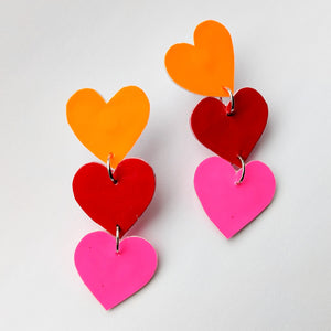 Heart On The Line - Chain Of Heart Earrings - Orange Red and Pink