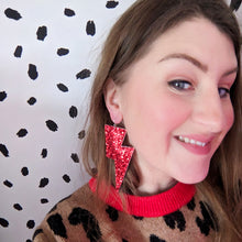 Load image into Gallery viewer, Red Glitter Fabric - Super Disco Bolt Lightning Bolt Earrings
