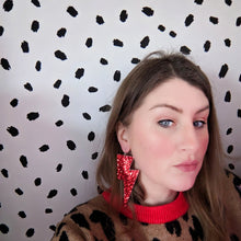 Load image into Gallery viewer, Red Glitter Fabric - Super Disco Bolt Lightning Bolt Earrings
