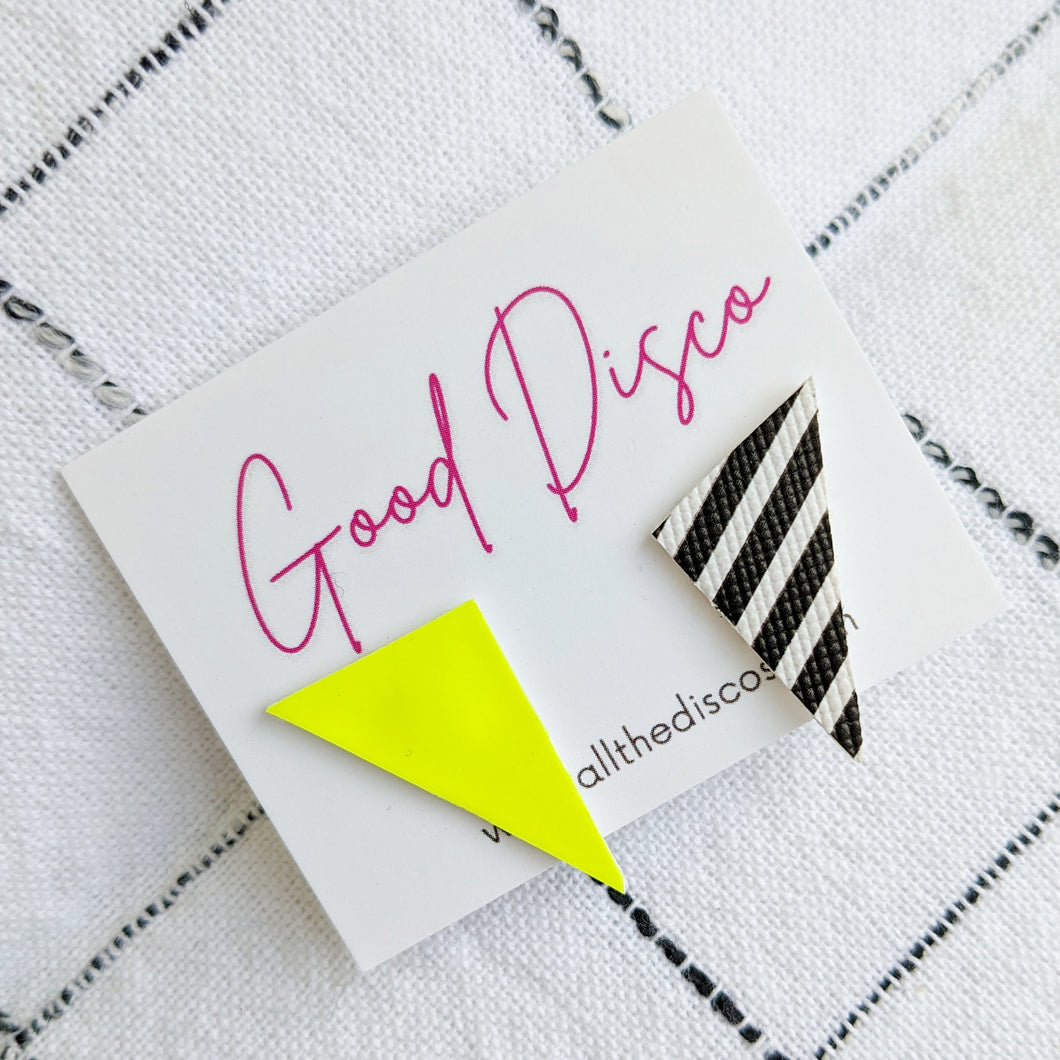 Good Disco Short Triangle Stud Earrings - Neon Yellow and Stripe