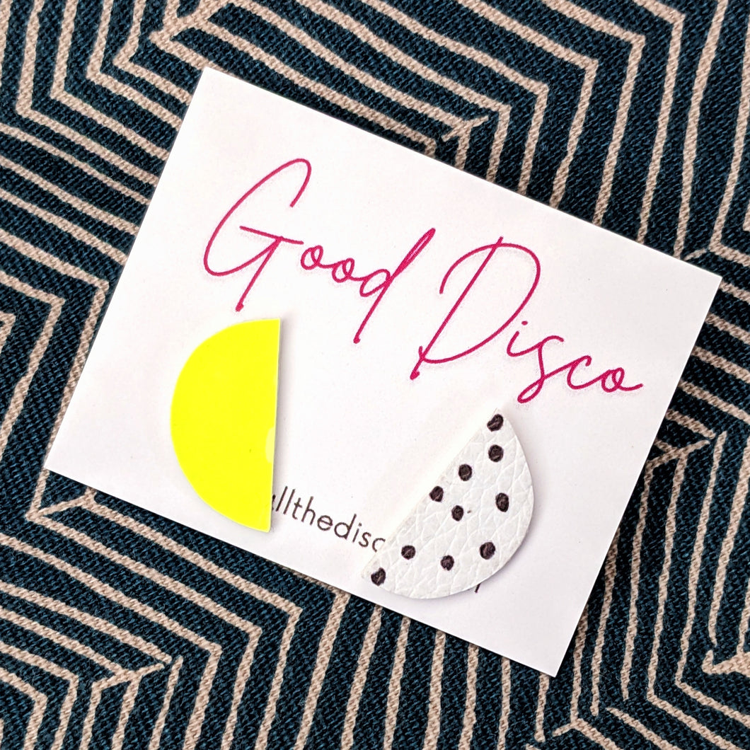 Good Disco Half Moon Stud Earrings - Neon Yellow and Spotty