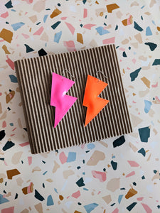 Disco Bolt Lightning Bolt Earrings - Neon Pink and Orange Patent