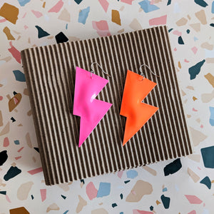 Disco Bolt Lightning Bolt Earrings - Neon Pink and Orange Patent