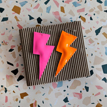 Load image into Gallery viewer, Super Disco Bolt Lightning Bolt Earrings - Neon Pink and Orange

