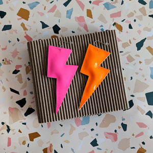 Super Disco Bolt Lightning Bolt Earrings - Neon Pink and Orange